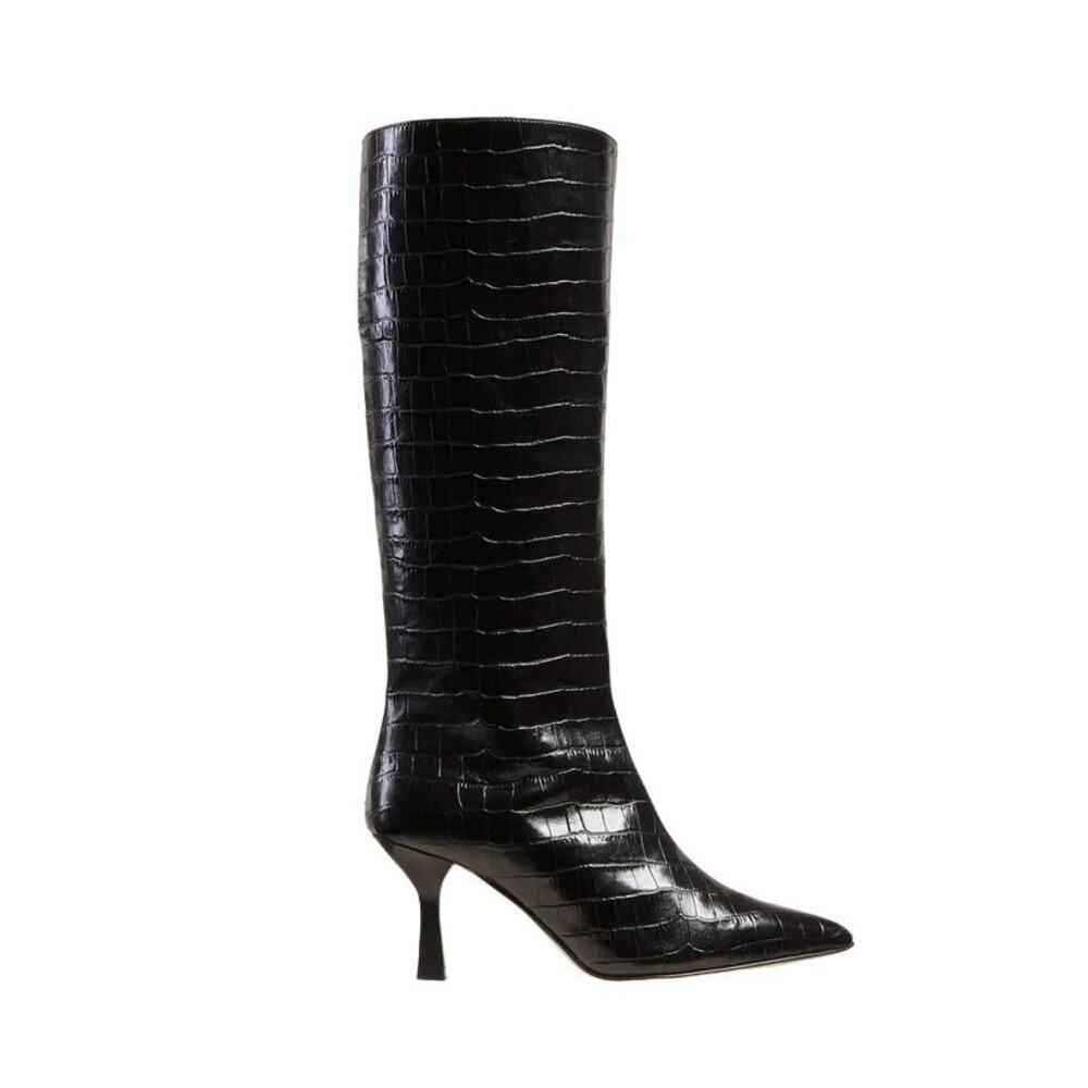Dear Frances Ana Boots Leather Pointed Toe Knee High Embossed Croc Black 37 NIB